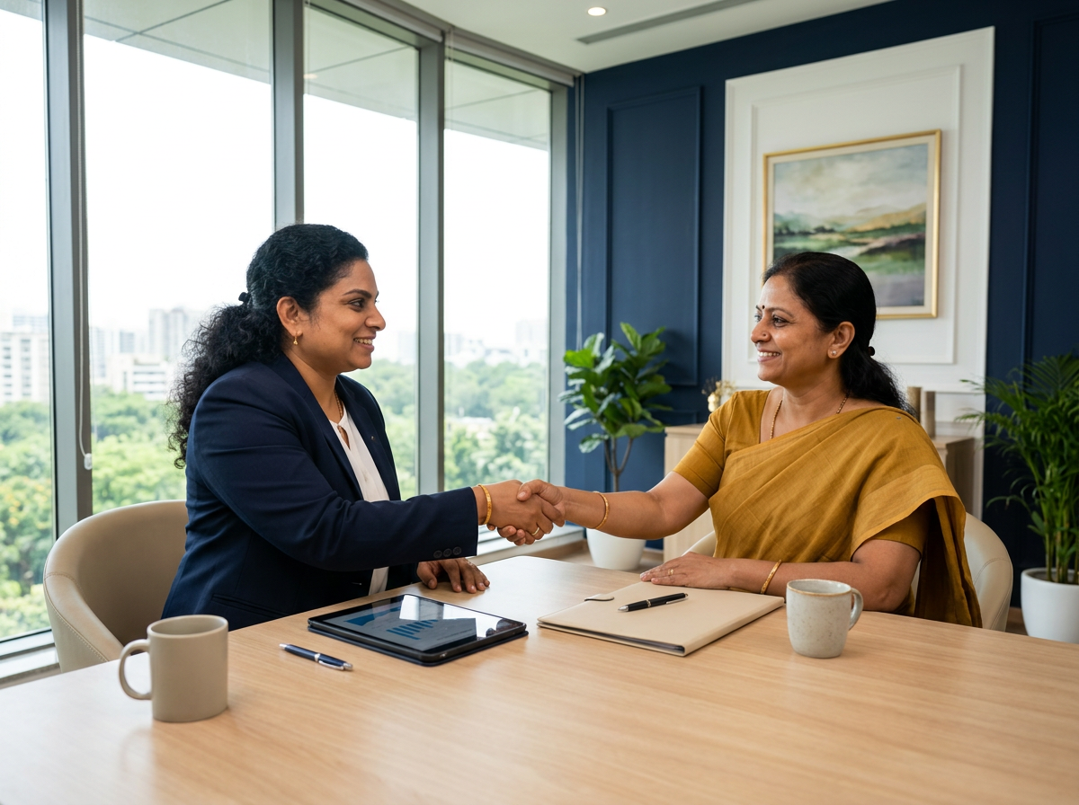 Anu M Antony greeting a client during claim guidance